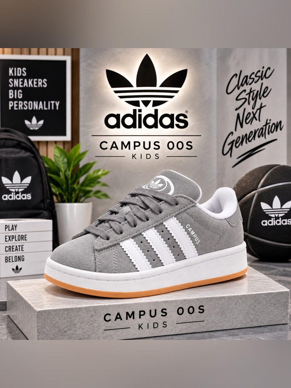 adidas Campus 00s Kids – Grey Three / Cloud White / Gum – New in Box